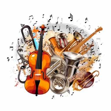 Clipart showcasing musical notes, instruments, and a music staff on a white background, representing the back-to-school theme and music subjects.