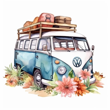 vw bus travel beach hauling flowers watercolor clip art white background