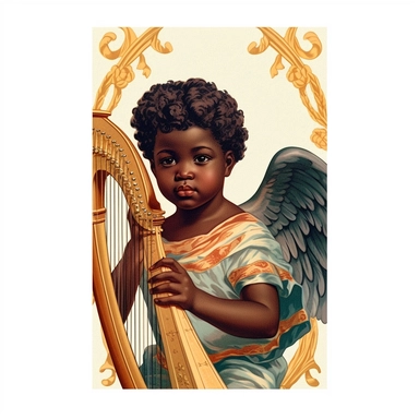 Vintage 1920 Portrait Shot View Of a black child with Angel Wings playing a harp musical instrument Illustration , in the style of late 19th century, Chromolithograph, 1920s Illustration, Vintage, Chromolithograph, Colorful, Antique, Ephemera, Clipart, 8k, Isolated on white