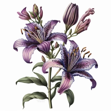Watercolor realistic detailed purple tiger lily bouquet clipart, white background, no text