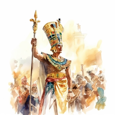 A vivid watercolor of a Pharaoh being crowned in an elaborate ceremony, The Pharaoh should wear an elaborate headdress and hold a scepter. Show the crowd's anticipation and joy, high quality, clipart, watercolor, white background
