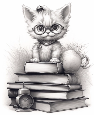cartoon kitten with glasses sitting on books clipart illustration coloring pages, in the style of highly detailed realism, alson skinner clark, cluj school, david yarrow, jeremiah ketner, science-based, precisionist lines