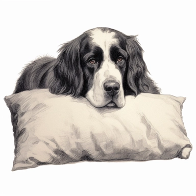 Landseer, cuddling with its pillow, cartoon, Clipart, white background, no text, no caption