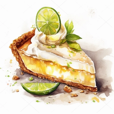Watercolor clipart of Key Lime Pie: This tangy and creamy pie is a popular dessert during the summer months, often made with a graham cracker crust and topped with whipped cream, intricate details, vector, hyperrealistic, white background, no splashes,