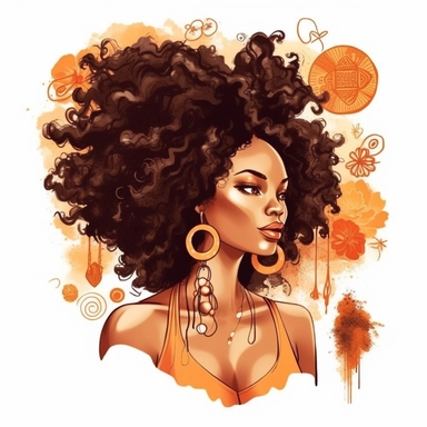 Natural Hair Beauty: Design a clip art featuring an Afro-Caribbean woman embracing her natural hair, showcasing its versatility and beauty. Include various hairstyles such as afros, braids, twists, or locs, celebrating the diversity of Black hair.