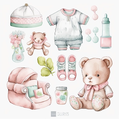 Cute baby clipart watercolor set, pacifier, socks, romper, bib