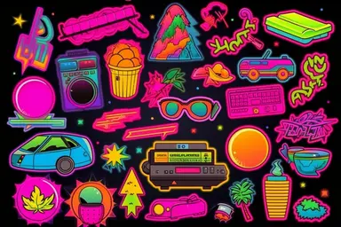 Retro 80s 90s clipart set. Neon colors y2k fashion patch, badge, emblem, stickers.
