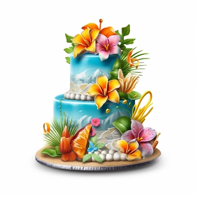 Create a clipart image of a birthday cake with a tropical theme. Use vibrant colors, tropical fruit decorations, and edible flowers to create a cake that captures the essence of a beach vacation.