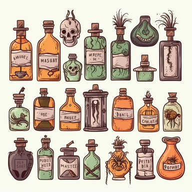Witches inventory, witchcraft, labels, flasks, elixir, illustrated clipart, minimalist, isolated white background, 8k