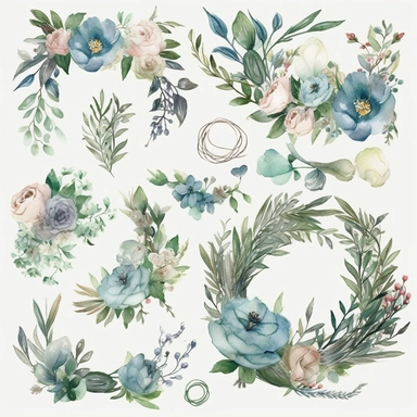 Design a set of watercolor-style digital cliparts specifically for wedding and event decorations. The cliparts should include elements such as flowers, garlands, wreaths, ribbons, and romantic symbols like hearts and doves. Consider various color palettes and styles to cater to both traditional and modern weddings and events. The cliparts should be versatile and suitable for use in invitations, save-the-date cards, menu cards, table cards, seating charts, and other decorative elements