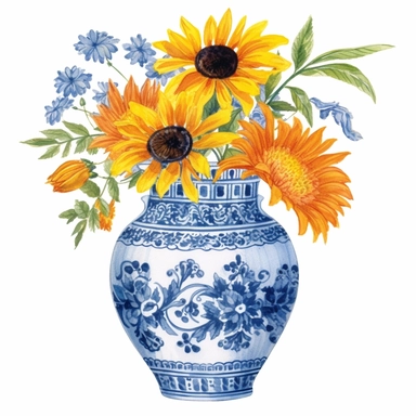 Design a dreamy watercolor clipart of an Asian Vase with a Bouquet of sunflowers, daisies, and wildflowers in bright and cheerful colors arranged in a rustic and summery design composition, hand-painted with soft and graceful brushstrokes. Draw inspiration from the artistic finesse of Ethereal Petals Watercolors for a refined and ethereal depiction. isolated on a white background, hand-drawn illustration, hand-painted watercolor texture, 16k UHD resolution, intricately detailed, sharp focal poin