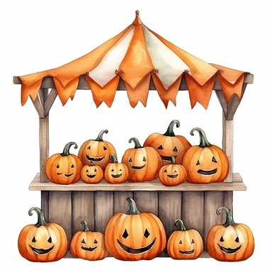 vector watercolor cute Halloween pumpkins with cute faces pumpins at a pumpkin stand clipart, cute happy Halloween pumpkins at a cute Halloween stand, photorealistic, detailed watercolor style, on white background
