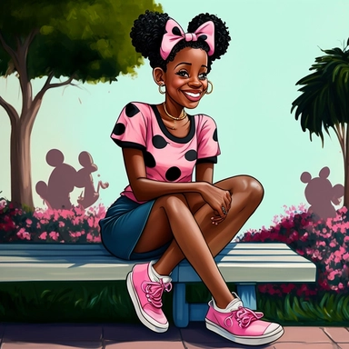 2d, beuatiful vibrant full body smiling african american adult mickey mouse woman clipart, pink ears, wearing pink shoes, sitting on the sidewalk, background is a large park, cartoon realistic