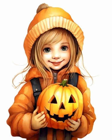 portrait of a happy cute little girl a five year old, pumpkin, Helloween, no hat, color jacket, style by Lusy Fleming, folk art, watercolor, clipart elements, smooth gradients, black contour outline, ultra detailed, white background, super clear, high quality
