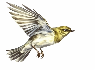 Wood warbler flying Watercolor isolated on white background, Watercolor Clipart painting, high quality, HD, children's book illustrations, realistic lifelike figures, white background