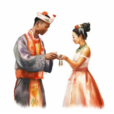 African bride and Chinese groom, exchanging wedding rings, joyful and excited expressions, watercolor, Pixar style, Clipart on a white background.