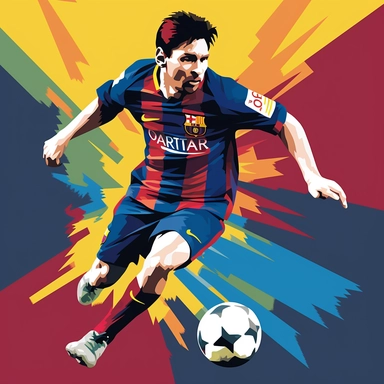 A clipart-style illustration of Lionel Messi in action on a soccer field, his face intense with concentration as he kicks the ball with precision and skill. The field will be rendered in a simplified style, with basic shapes and bold colors. Messi's jersey and shorts will feature the iconic Barcelona colors, and his cleats will be shown with simple lines and curves. The background will be kept minimal, with perhaps a few stylized clouds or other design elements. The image will be created using v