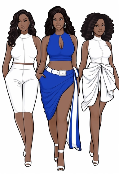 vector illustration of full body detailed melanin beautiful sorority girls wearing royal blue and white with white background.. no watermark! vector clipart, character drawn with thick black lines like for a coloring book! with no watermarks