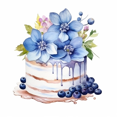 clipart, isolated on white background, Watercolor cake with flowers and berries, blue pallette, ornated, pastel colors