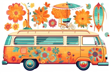 Colorful retro groovy 1970s clipart, watercolor