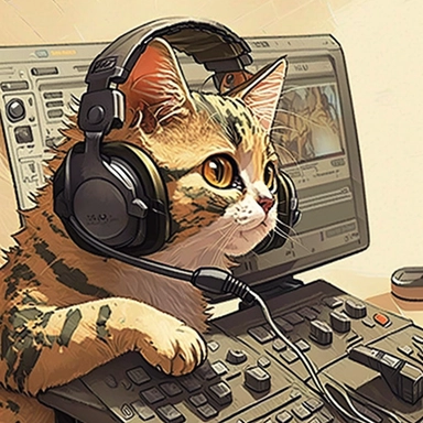 Cute cat clipart chatting with a customer in call center office with headset