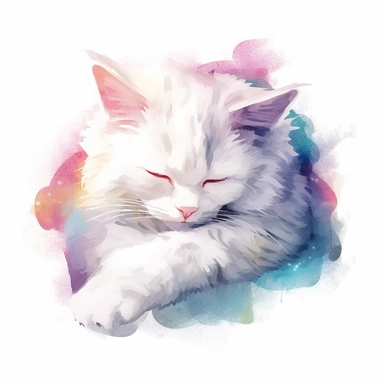 An adorable illustration of a cat curled up and peacefully sleeping, pastel colors, white background, watercolor splash, clipart, by Jack Hughes