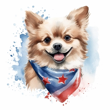 watercolor clipart illustration of a pomeranian wearing a bandana, red white and blue, hand painted details, clean and simple designs, solid background color, spaced out