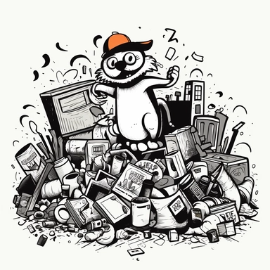 an old 80's style of a cartoon of a cat among the garbage and garbage veiw 3d handraw clipart style easy draw simplist black and white vector simple doodle very with thick lines