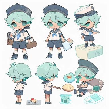 character sheet,knoling,clipart,belongings catalog, cute chibi character, long pale blue-green hair, long bangs, blue-green eyes, flat chest, beautiful young boy, sailor, blue shorts, dark blue socks, whale, cream soda, sandwich