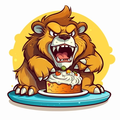 cute funny clipart of beast mode lion with cake in mouth graphic design for a tshirt in a cartoon style, heavy outlines,bold outlines, flat shading , vector, contour, isolated plain white background