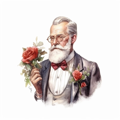 Wise Victorian gentleman with a gray beard and spectacles, his vest pocket decorated with a vibrant red rose boutonniere. White background, clipart, watercolor, intricate detail.