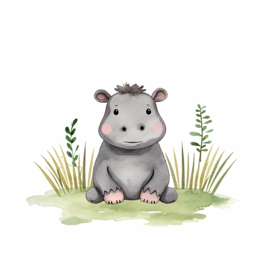 Nursery safari animal, clipart, hippo, cute, white background, grass, no text, no words