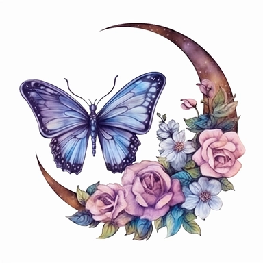 A crescent moon with night moth and flower, in the style of mixes realistic and fantastical elements, luminous color palette, delicate coloring, clipart, on white background,