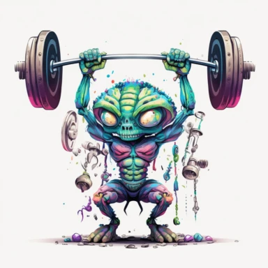 Boho style illustration, clipart, sublimation painting Weightlifter alien lifts the barbell. Bright colorful colors. White empty background, high quality 8k, high quality detail.