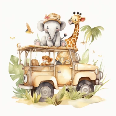 A super cute happy baby [safari animals], in a [jungle, jeep], illustration watercolor style, minimalistic, clipart, children's book illustration, hd, 16k, 4k