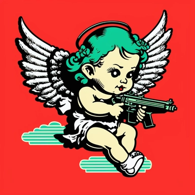 pop art baby sweat angel with machine gun K 112 drawing clipart animation realistic comic modern art