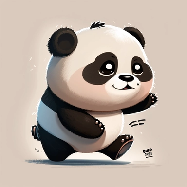 little panda character, drawn panda, panda clipart, running in a dynamic pose, running away, running, side profile, side, children's book illustration style, simple, cute, young panda, happy, full colour, flat colour, no background,no titles