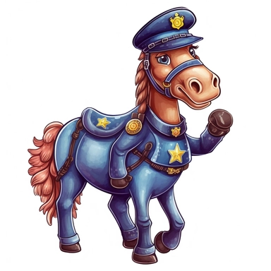 Clip art ,cartoon horse dressed a policeman, no background