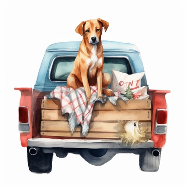 dog in the bed of a truck watercolor clipart single design, 8k