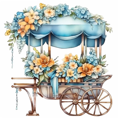 free watercolor and flower cart clipart, free png files, in the style of claudia tremblay, candycore, light azure and bronze, uhd image, caffenol developing, kris kuksi, toyen