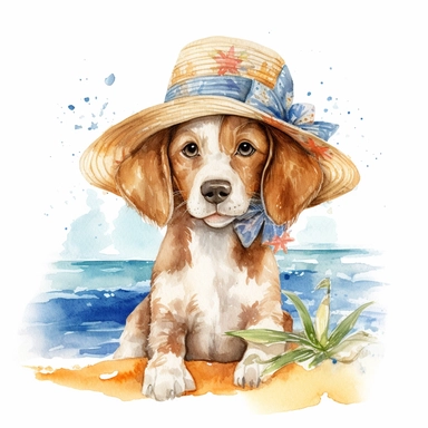 summer, clipart, water color, dog, no background, white background, beach