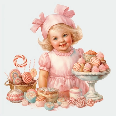 happy cute clipart vintage adorable little pink cheeks girl with sugar candy, cakes and sweets, full body, clipart style, pastel colors, accurate details, oil painting technique, super high quality, professional watercolor clipart, high resolution, 8k