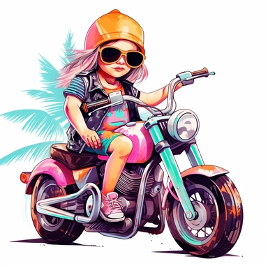 clipart of cute and cool girl baby on a harley davidson multicolor white background