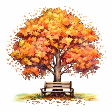 Autumn tree by the bench, in the style of digital airbrushing, pattern - based painting, storybook illustrations, hd, ps1 graphics, soft shading, accurate and detailed, style by Lucy Fleming, watercolor, smooth gradients, black contour outline, ultra detailed, clipart elements, delicate pastel colors, solid white background, super clear, high quality