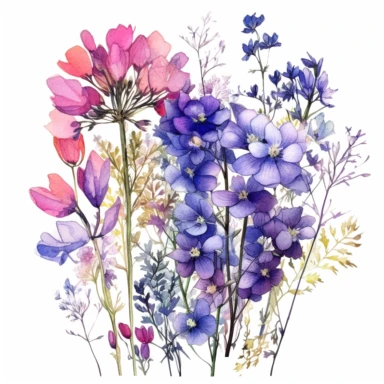 Watercolour wildflowers, lilac blue pink and purple colors, beautiful details, ultra detailed, ultra photo real intricate detailed, high definition, graphic clipart, hyper realistic, detailed, white background