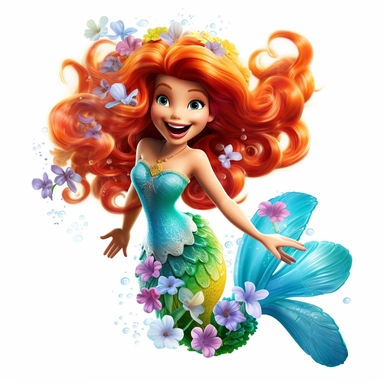 A beautiful smiling mermaid, highly detailed, long hair, beautiful flowers and coral, highly detailed tail, full body image, pixar style, clipart