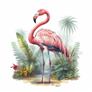 flamingo standing in large tropical forest with full tropical plants, full body, watercolor styles, Sublimation Clipart, hyper realistic, intricate detail, illustration style, isolated on white background for removing background