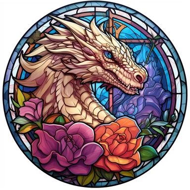 clipart on white background, stained glass dragon and flowers, i cant believe how beautiful this is, fantasycore, dragoncore, mysticalcore