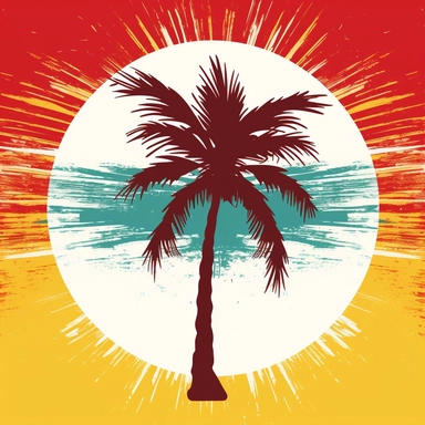 palm tree with sun in background, red green and yellow, vector art, in the style of pop art, clipart, white background, rounded corners