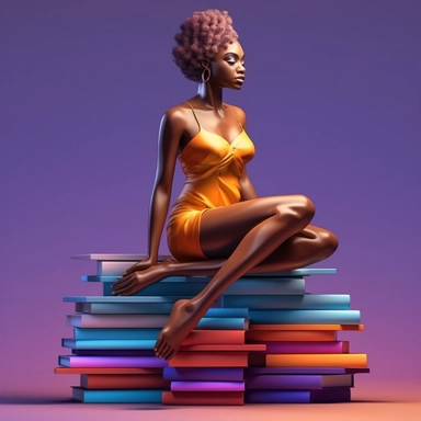 imagination, Clipart illustration of afro cosmepolitian woman sitting on top of books, realistic in the style of nene thomas, 100k background, Abstract, Colorful, beautifully color - coded, beautifully color graded, Unreal Engine, Cinematic, Color Grading, Editorial Photography, Photography, Photoshoot, Shot on 70mm lense, Depth of Field, DOF, Tilt Blur, Shutter Speed 1/ 1000, F/ 22, White Balance, 32k, Super - Resolution, Megapixel, ProPhoto RGB, VR, Lonely, Good, Massive, Halfrear Lighting, Ba